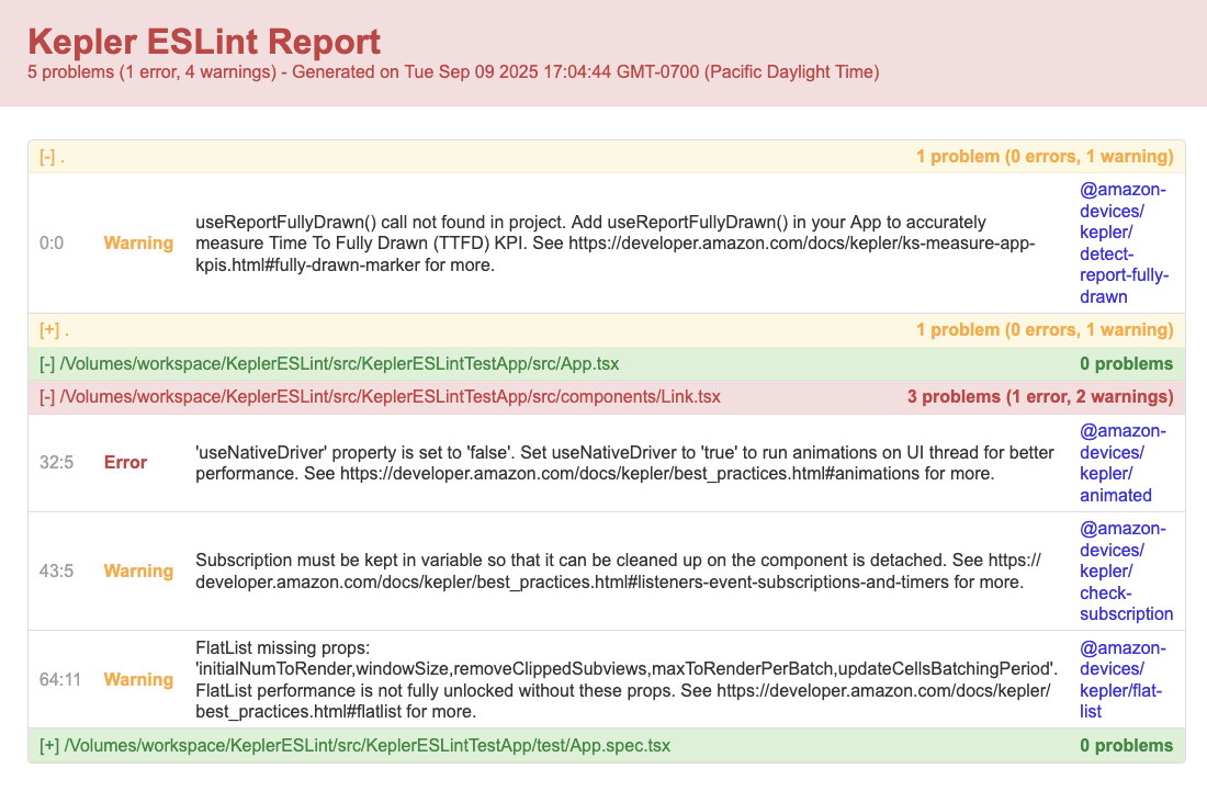 Vegaプロジェクトに対するESLintの分析レポートを示す画像。パフォーマンスに関する警告が2つ表示されています。1つは描画完了までの時間の指標を測定するためのuseReportFullyDrawn()の実装がないこと、もう1つはスプラッシュ画面を最適化するためのusePreventHideSplashScreen()がないことを示す警告です。このレポートは、コードベースに重大なエラーがないことを示しています。