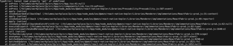 ターミナル出力に、マップされたファイルの場所、関数名、元のソースコード行を含むJavaScriptスタックトレースが表示されます。