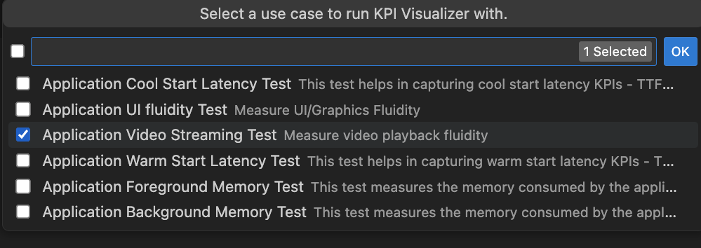 この図は、KPI Visualizerを実行するためのユースケースを選択できるコマンドパレットを示しています
