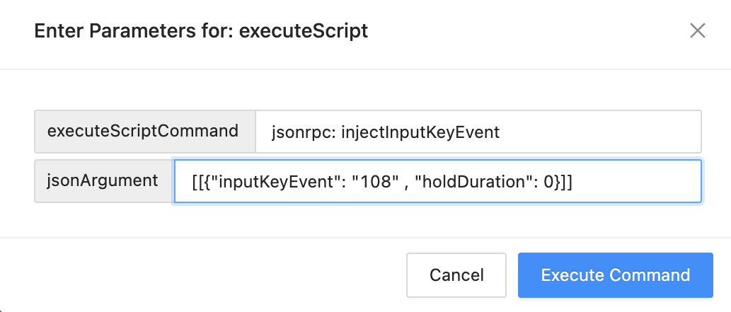 この図は、JSONAgrumentのスクリプトを追加するAppium Inspectorのユーザーインターフェイスを示しています