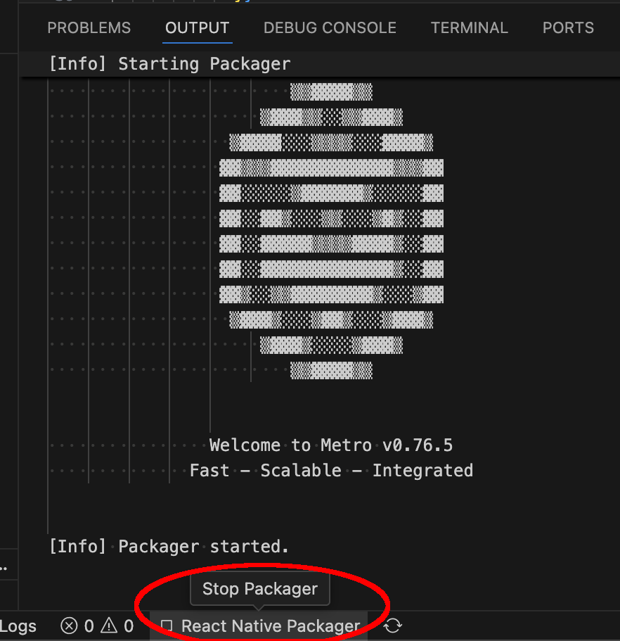 画面には、VS CodeからReact Native Packagerを停止する場所が表示されます