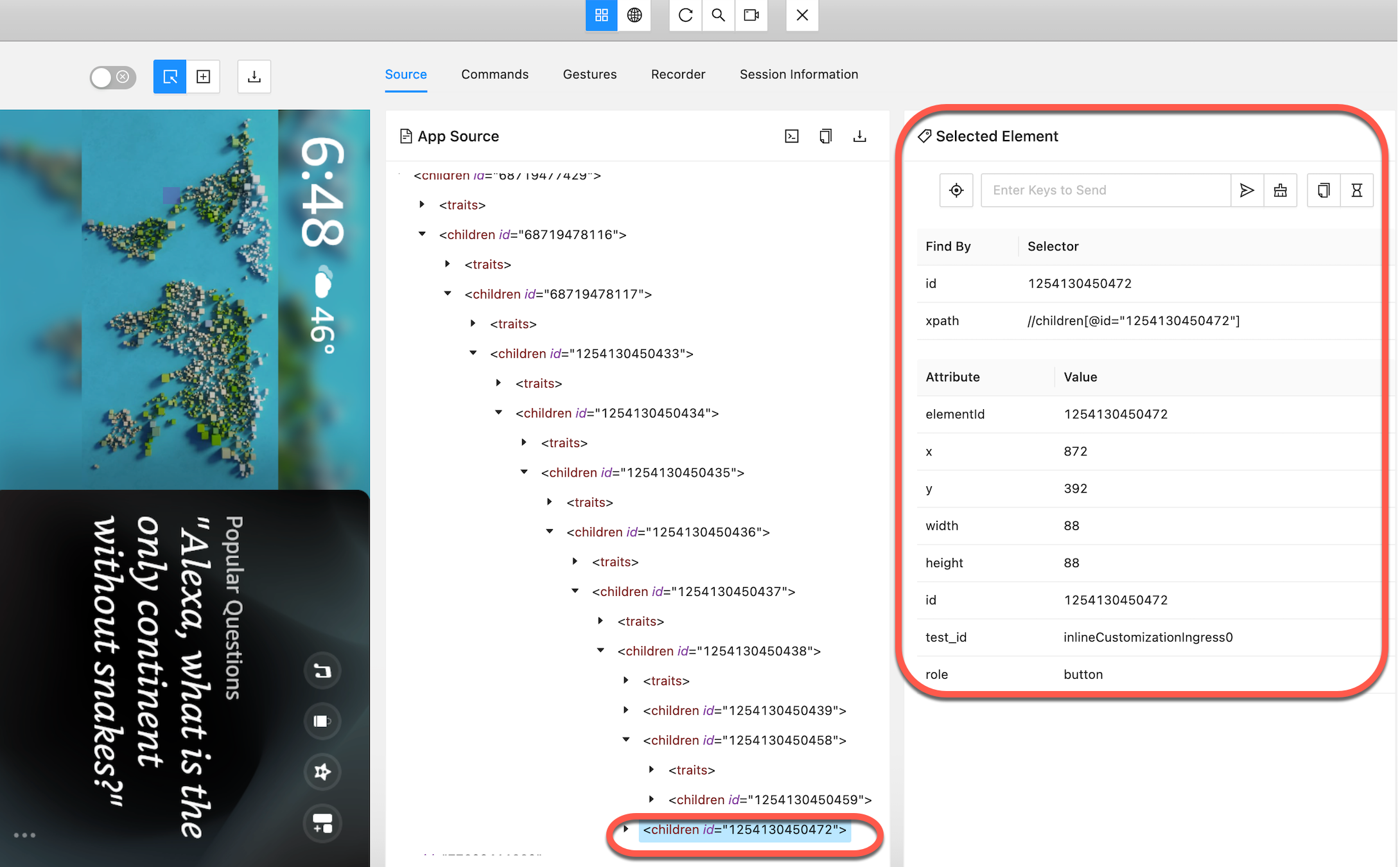 選択したUI要素がスクリーンショットでハイライトされ、対応する要素のプロパティとアクションが、選択した要素パネルに表示されているAppium Inspector