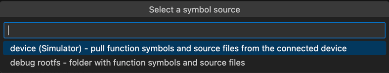 接続されたデバイスのシンボルソース、またはdebug rootfsの場所を選択するオプションが画面に表示されます。