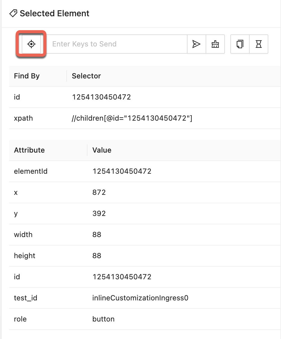 選択したUI要素のクリックアクションの実行条件に使用されるタップアイコンボタンをハイライトしたAppium Inspectorインターフェイス